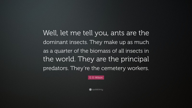 E. O. Wilson Quote: “Well, let me tell you, ants are the dominant insects. They make up as much as a quarter of the biomass of all insects in the world. They are the principal predators. They’re the cemetery workers.”