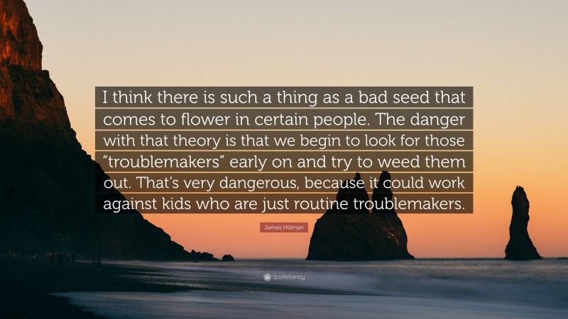 James Hillman Quote: “I think there is such a thing as a bad seed that comes to flower in certain people. The danger with that theory is that we begin to look for those “troublemakers” early on and try to weed them out. That’s very dangerous, because it could work against kids who are just routine troublemakers.”
