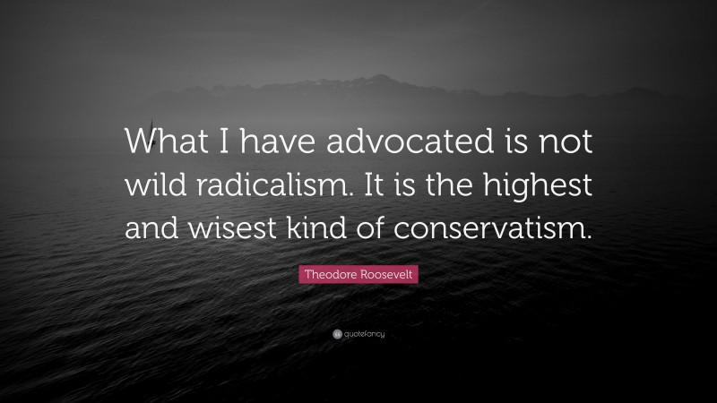 Theodore Roosevelt Quote: “What I have advocated is not wild radicalism. It is the highest and wisest kind of conservatism.”
