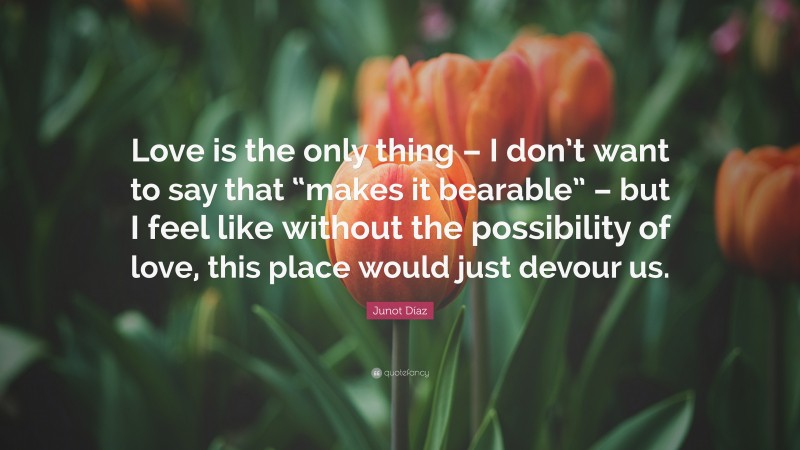 Junot Díaz Quote: “Love is the only thing – I don’t want to say that “makes it bearable” – but I feel like without the possibility of love, this place would just devour us.”