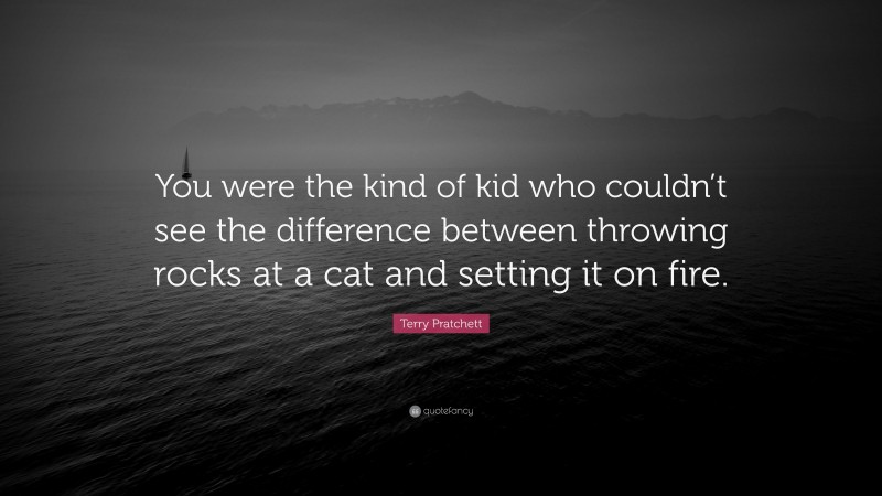 Terry Pratchett Quote: “You were the kind of kid who couldn’t see the difference between throwing rocks at a cat and setting it on fire.”