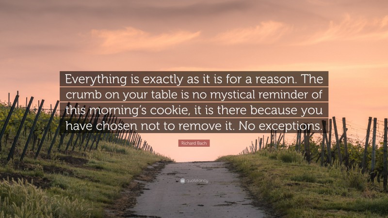 Richard Bach Quote: “Everything is exactly as it is for a reason. The crumb on your table is no mystical reminder of this morning’s cookie, it is there because you have chosen not to remove it. No exceptions.”