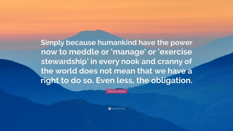 Edward Abbey Quote: “Simply because humankind have the power now to meddle or ‘manage’ or ‘exercise stewardship’ in every nook and cranny of the world does not mean that we have a right to do so. Even less, the obligation.”