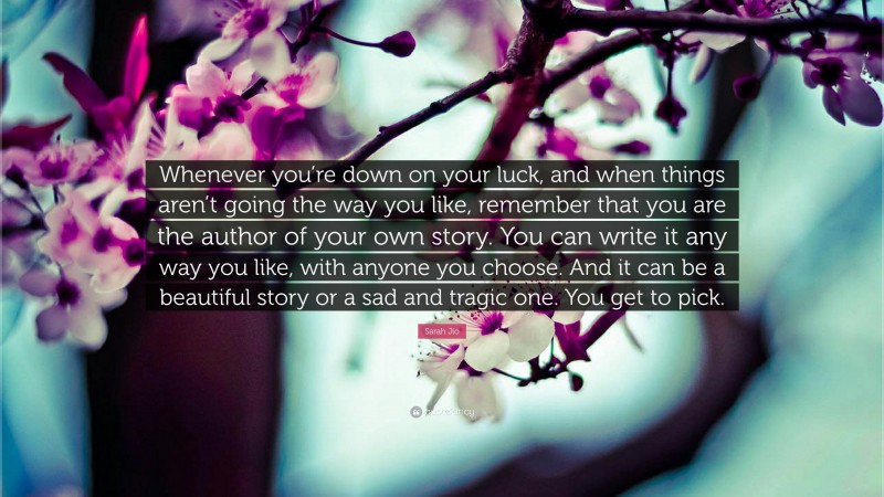 Sarah Jio Quote: “Whenever you’re down on your luck, and when things aren’t going the way you like, remember that you are the author of your own story. You can write it any way you like, with anyone you choose. And it can be a beautiful story or a sad and tragic one. You get to pick.”