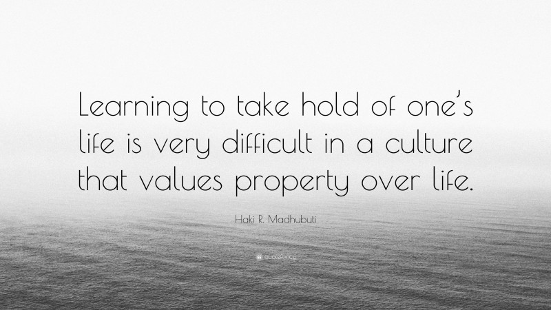 Haki R. Madhubuti Quote: “Learning to take hold of one’s life is very difficult in a culture that values property over life.”