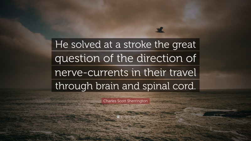 Charles Scott Sherrington Quote: “He solved at a stroke the great question of the direction of nerve-currents in their travel through brain and spinal cord.”