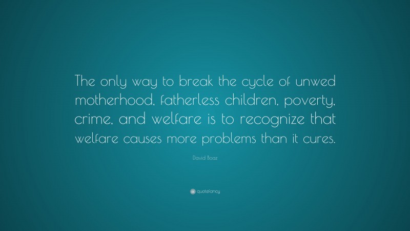 David Boaz Quote: “The only way to break the cycle of unwed motherhood, fatherless children, poverty, crime, and welfare is to recognize that welfare causes more problems than it cures.”