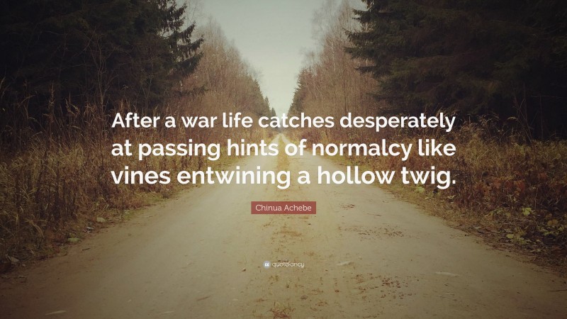 Chinua Achebe Quote: “After a war life catches desperately at passing hints of normalcy like vines entwining a hollow twig.”