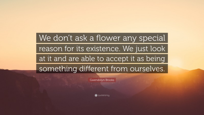 Gwendolyn Brooks Quote: “We don’t ask a flower any special reason for its existence. We just look at it and are able to accept it as being something different from ourselves.”
