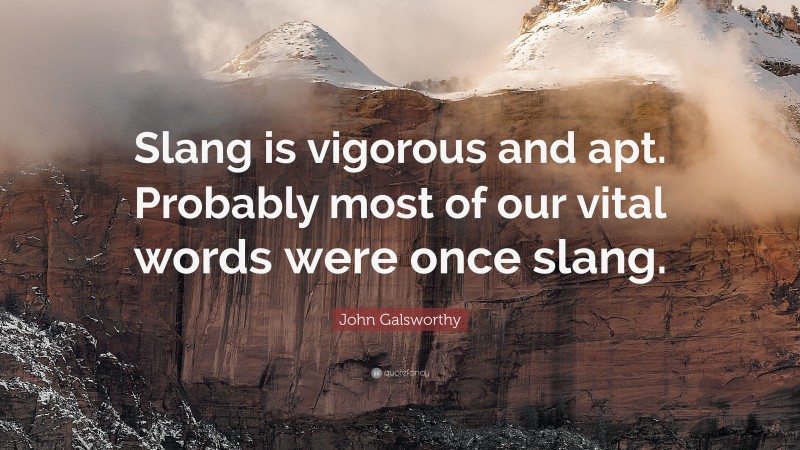 John Galsworthy Quote: “Slang is vigorous and apt. Probably most of our vital words were once slang.”