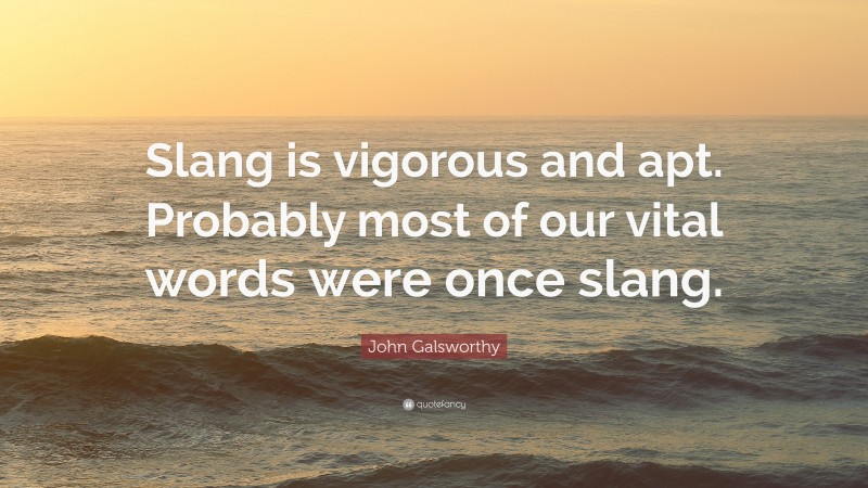 John Galsworthy Quote: “Slang is vigorous and apt. Probably most of our vital words were once slang.”