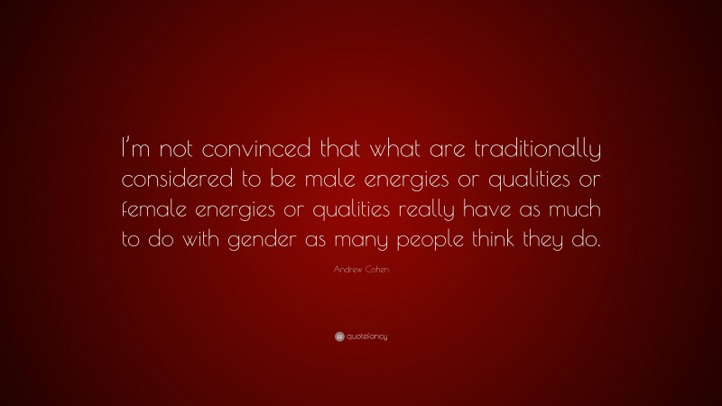Andrew Cohen Quote: “I’m not convinced that what are traditionally considered to be male energies or qualities or female energies or qualities really have as much to do with gender as many people think they do.”