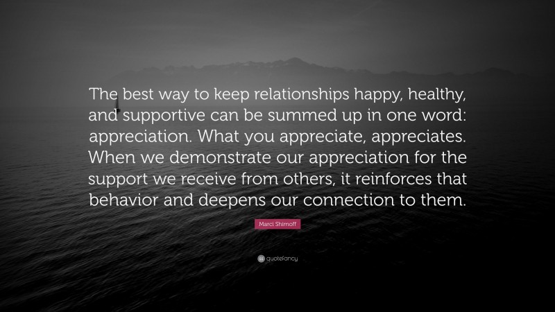 Marci Shimoff Quote: “The best way to keep relationships happy, healthy, and supportive can be summed up in one word: appreciation. What you appreciate, appreciates. When we demonstrate our appreciation for the support we receive from others, it reinforces that behavior and deepens our connection to them.”