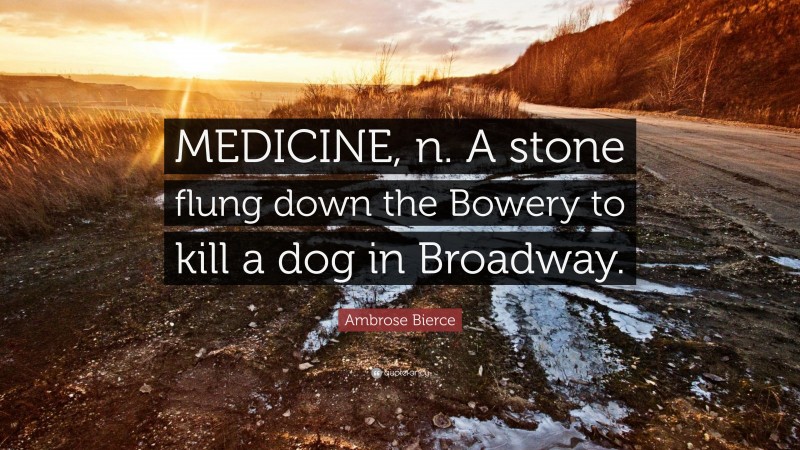 Ambrose Bierce Quote: “MEDICINE, n. A stone flung down the Bowery to kill a dog in Broadway.”