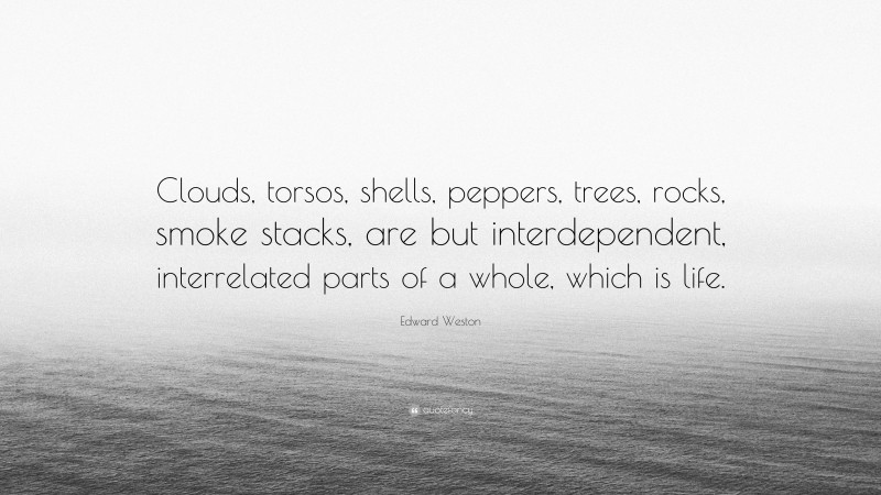 Edward Weston Quote: “Clouds, torsos, shells, peppers, trees, rocks, smoke stacks, are but interdependent, interrelated parts of a whole, which is life.”