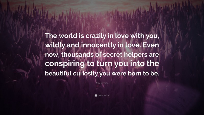 Rob Brezsny Quote: “The world is crazily in love with you, wildly and innocently in love. Even now, thousands of secret helpers are conspiring to turn you into the beautiful curiosity you were born to be.”