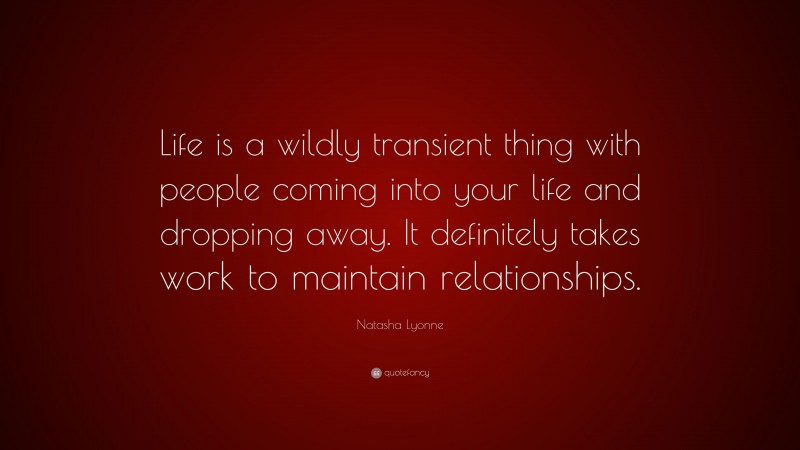 Natasha Lyonne Quote: “Life is a wildly transient thing with people coming into your life and dropping away. It definitely takes work to maintain relationships.”
