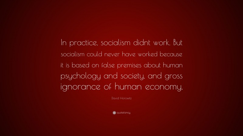 David Horowitz Quote: “In practice, socialism didnt work. But socialism could never have worked because it is based on false premises about human psychology and society, and gross ignorance of human economy.”