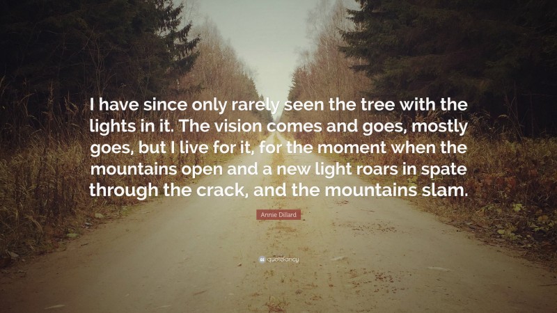 Annie Dillard Quote: “I have since only rarely seen the tree with the lights in it. The vision comes and goes, mostly goes, but I live for it, for the moment when the mountains open and a new light roars in spate through the crack, and the mountains slam.”