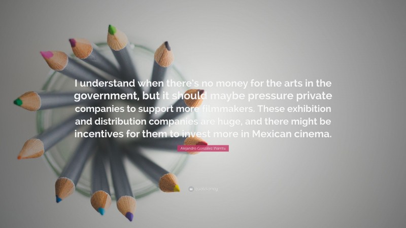 Alejandro González Iñárritu Quote: “I understand when there’s no money for the arts in the government, but it should maybe pressure private companies to support more filmmakers. These exhibition and distribution companies are huge, and there might be incentives for them to invest more in Mexican cinema.”