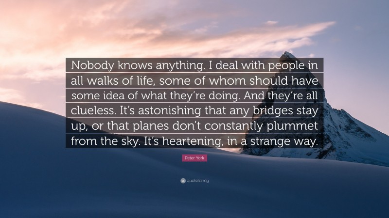 Peter York Quote: “Nobody knows anything. I deal with people in all walks of life, some of whom should have some idea of what they’re doing. And they’re all clueless. It’s astonishing that any bridges stay up, or that planes don’t constantly plummet from the sky. It’s heartening, in a strange way.”
