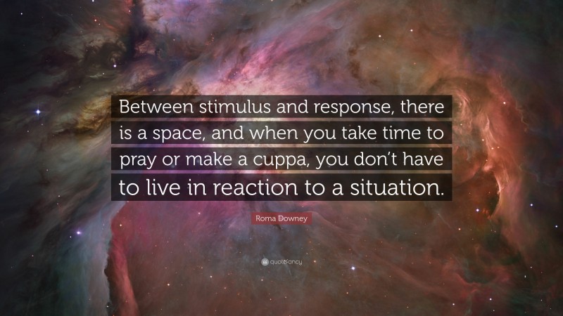 Roma Downey Quote: “Between stimulus and response, there is a space, and when you take time to pray or make a cuppa, you don’t have to live in reaction to a situation.”