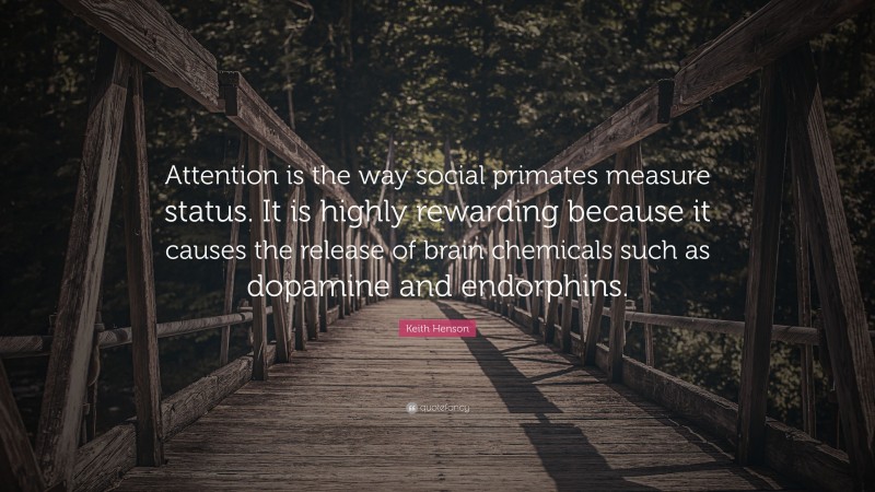 Keith Henson Quote: “Attention is the way social primates measure status. It is highly rewarding because it causes the release of brain chemicals such as dopamine and endorphins.”
