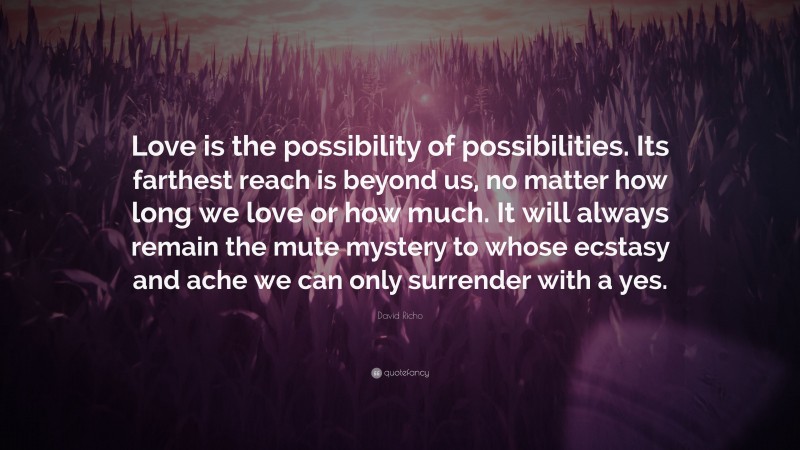 David Richo Quote: “Love is the possibility of possibilities. Its farthest reach is beyond us, no matter how long we love or how much. It will always remain the mute mystery to whose ecstasy and ache we can only surrender with a yes.”