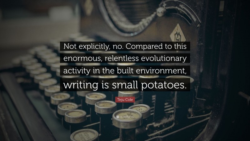 Teju Cole Quote: “Not explicitly, no. Compared to this enormous, relentless evolutionary activity in the built environment, writing is small potatoes.”