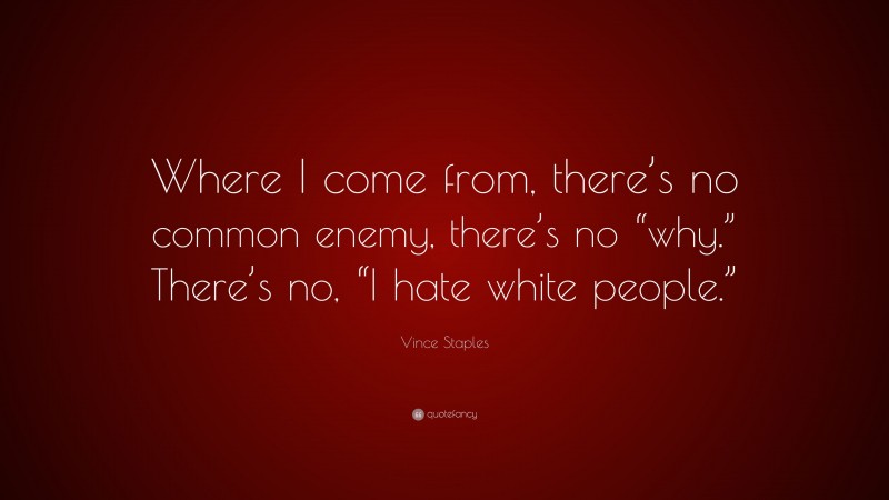 Vince Staples Quote: “Where I come from, there’s no common enemy, there’s no “why.” There’s no, “I hate white people.””