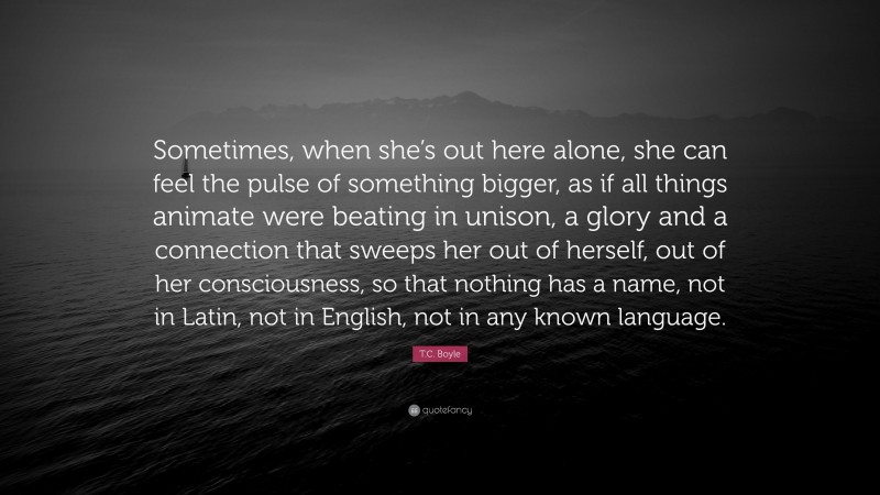 T.C. Boyle Quote: “Sometimes, when she’s out here alone, she can feel the pulse of something bigger, as if all things animate were beating in unison, a glory and a connection that sweeps her out of herself, out of her consciousness, so that nothing has a name, not in Latin, not in English, not in any known language.”