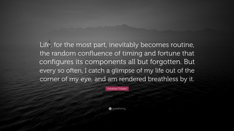 Jonathan Tropper Quote: “Life, for the most part, inevitably becomes routine, the random confluence of timing and fortune that configures its components all but forgotten. But every so often, I catch a glimpse of my life out of the corner of my eye, and am rendered breathless by it.”