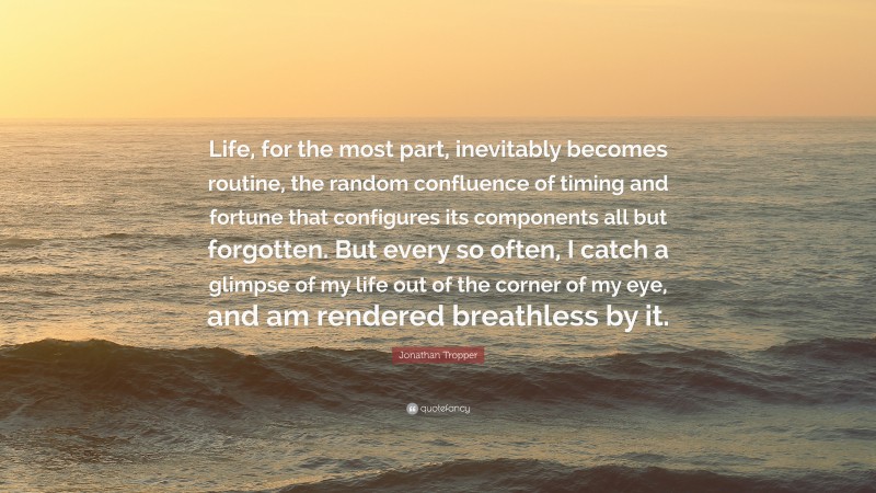 Jonathan Tropper Quote: “Life, for the most part, inevitably becomes routine, the random confluence of timing and fortune that configures its components all but forgotten. But every so often, I catch a glimpse of my life out of the corner of my eye, and am rendered breathless by it.”