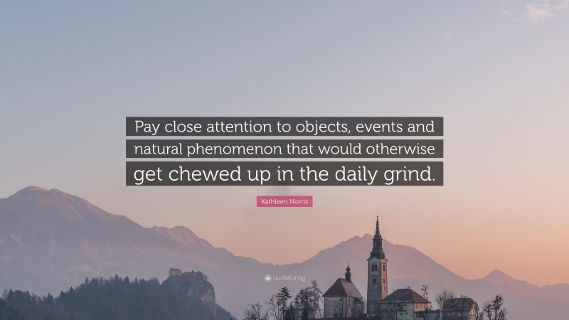 Kathleen Norris Quote: “Pay close attention to objects, events and natural phenomenon that would otherwise get chewed up in the daily grind.”