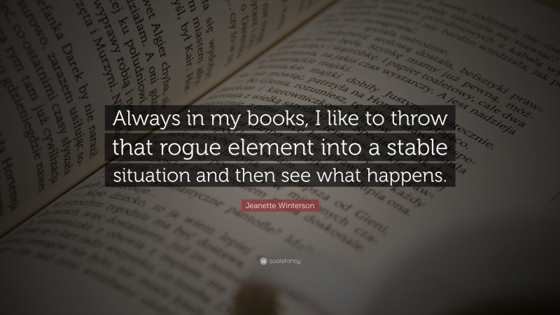 Jeanette Winterson Quote: “Always in my books, I like to throw that rogue element into a stable situation and then see what happens.”