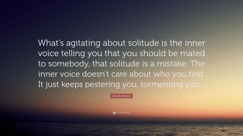 Charles Baxter Quote: “What’s agitating about solitude is the inner voice telling you that you should be mated to somebody, that solitude is a mistake. The inner voice doesn’t care about who you find. It just keeps pestering you, tormenting you...”