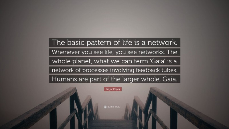 Fritjof Capra Quote: “The basic pattern of life is a network. Whenever you see life, you see networks. The whole planet, what we can term ‘Gaia’ is a network of processes involving feedback tubes. Humans are part of the larger whole, Gaia.”