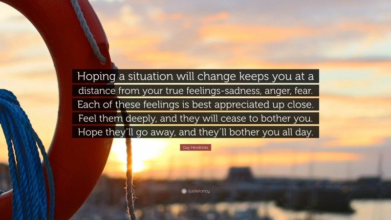 Gay Hendricks Quote: “Hoping a situation will change keeps you at a distance from your true feelings-sadness, anger, fear. Each of these feelings is best appreciated up close. Feel them deeply, and they will cease to bother you. Hope they’ll go away, and they’ll bother you all day.”