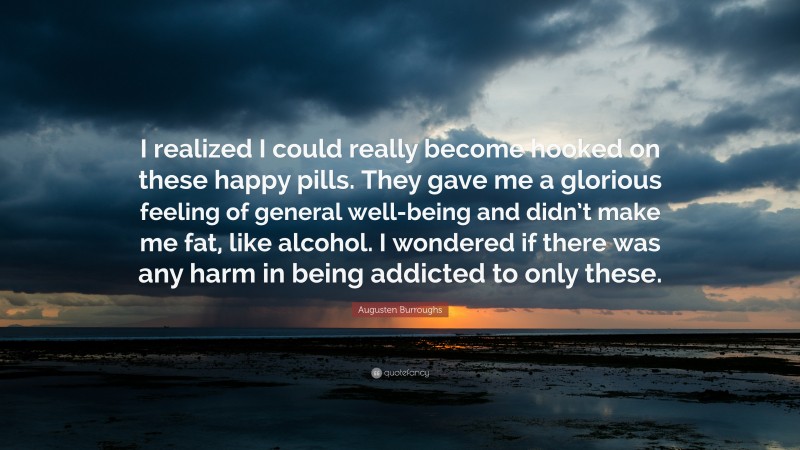 Augusten Burroughs Quote: “I realized I could really become hooked on these happy pills. They gave me a glorious feeling of general well-being and didn’t make me fat, like alcohol. I wondered if there was any harm in being addicted to only these.”
