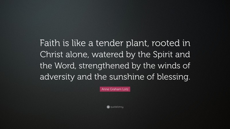 Anne Graham Lotz Quote: “Faith is like a tender plant, rooted in Christ alone, watered by the Spirit and the Word, strengthened by the winds of adversity and the sunshine of blessing.”