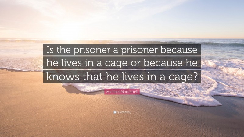 Michael Moorcock Quote: “Is the prisoner a prisoner because he lives in a cage or because he knows that he lives in a cage?”