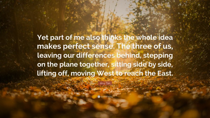 Amy Tan Quote: “Yet part of me also thinks the whole idea makes perfect sense. The three of us, leaving our differences behind, stepping on the plane together, sitting side by side, lifting off, moving West to reach the East.”