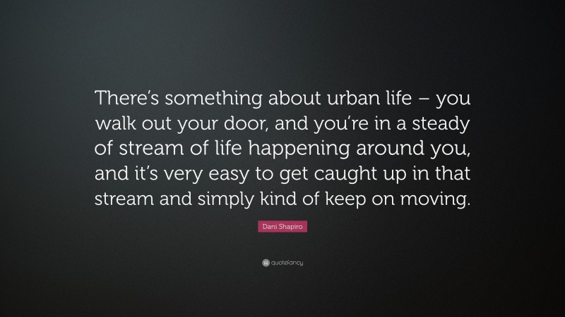 Dani Shapiro Quote: “There’s something about urban life – you walk out your door, and you’re in a steady of stream of life happening around you, and it’s very easy to get caught up in that stream and simply kind of keep on moving.”