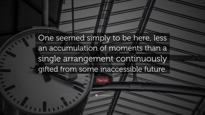 Tao Lin Quote: “One seemed simply to be here, less an accumulation of moments than a single arrangement continuously gifted from some inaccessible future.”