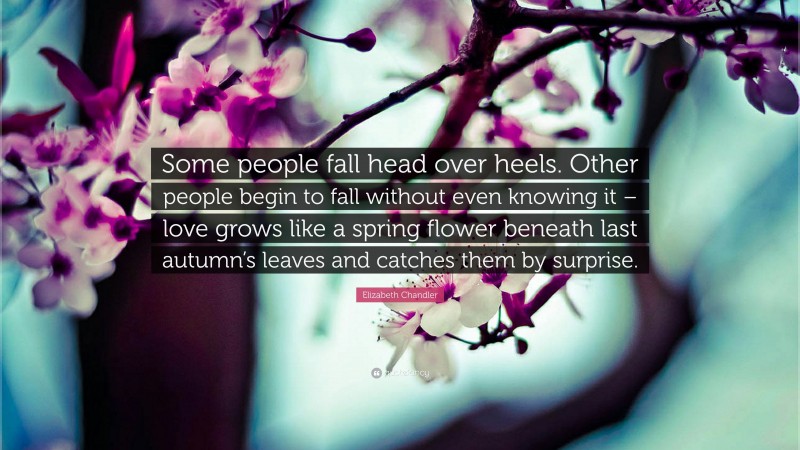 Elizabeth Chandler Quote: “Some people fall head over heels. Other people begin to fall without even knowing it – love grows like a spring flower beneath last autumn’s leaves and catches them by surprise.”