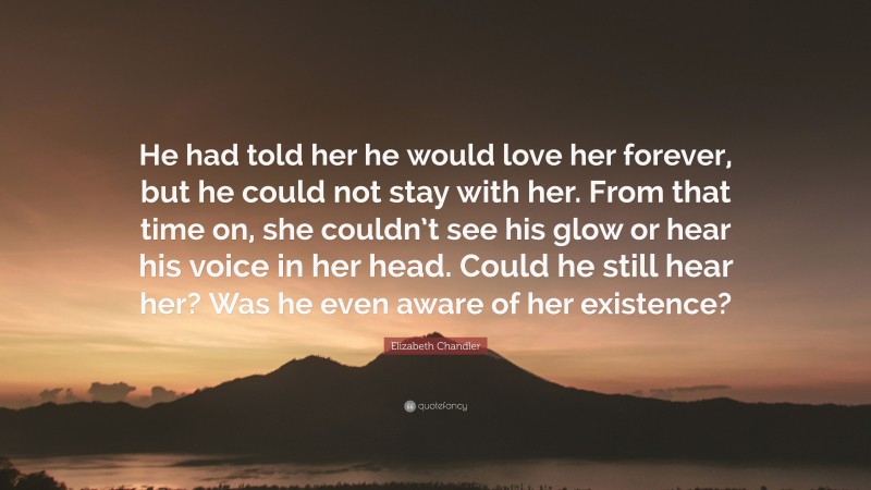 Elizabeth Chandler Quote: “He had told her he would love her forever, but he could not stay with her. From that time on, she couldn’t see his glow or hear his voice in her head. Could he still hear her? Was he even aware of her existence?”