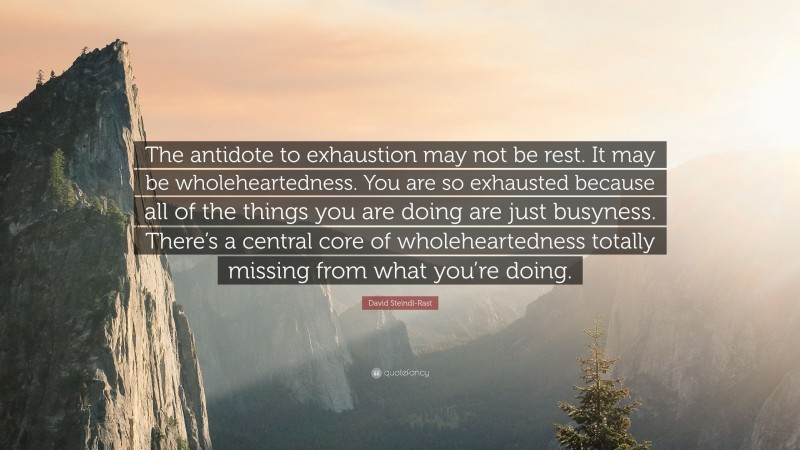 David Steindl-Rast Quote: “The antidote to exhaustion may not be rest. It may be wholeheartedness. You are so exhausted because all of the things you are doing are just busyness. There’s a central core of wholeheartedness totally missing from what you’re doing.”