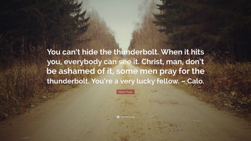 Mario Puzo Quote: “You can’t hide the thunderbolt. When it hits you, everybody can see it. Christ, man, don’t be ashamed of it, some men pray for the thunderbolt. You’re a very lucky fellow. – Calo.”