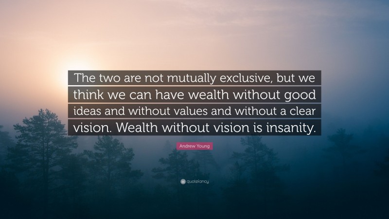 Andrew Young Quote: “The two are not mutually exclusive, but we think we can have wealth without good ideas and without values and without a clear vision. Wealth without vision is insanity.”