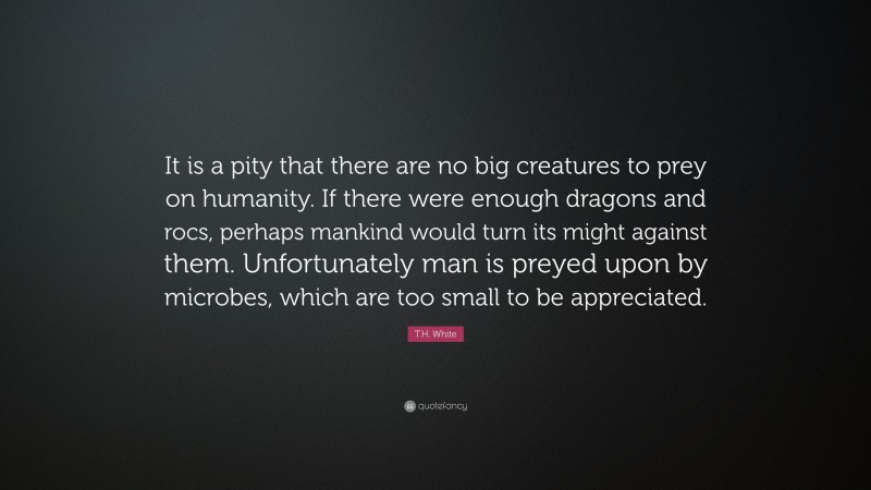 T.H. White Quote: “It is a pity that there are no big creatures to prey on humanity. If there were enough dragons and rocs, perhaps mankind would turn its might against them. Unfortunately man is preyed upon by microbes, which are too small to be appreciated.”
